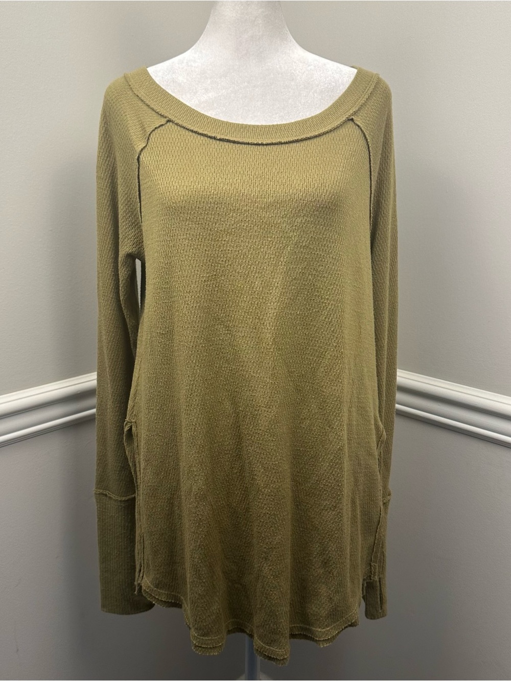 We The Free Olive Green Scoop Neck Waffle Long Sleeve Top S
